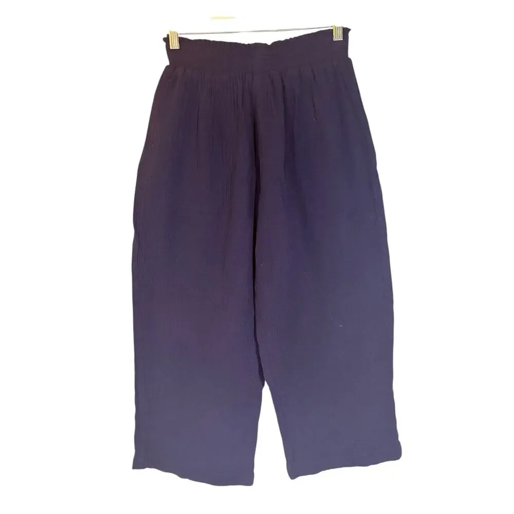 Magaschoni Organic Slub Cotton Navy Wide Leg Cropped Pants L Casual Resort Beach